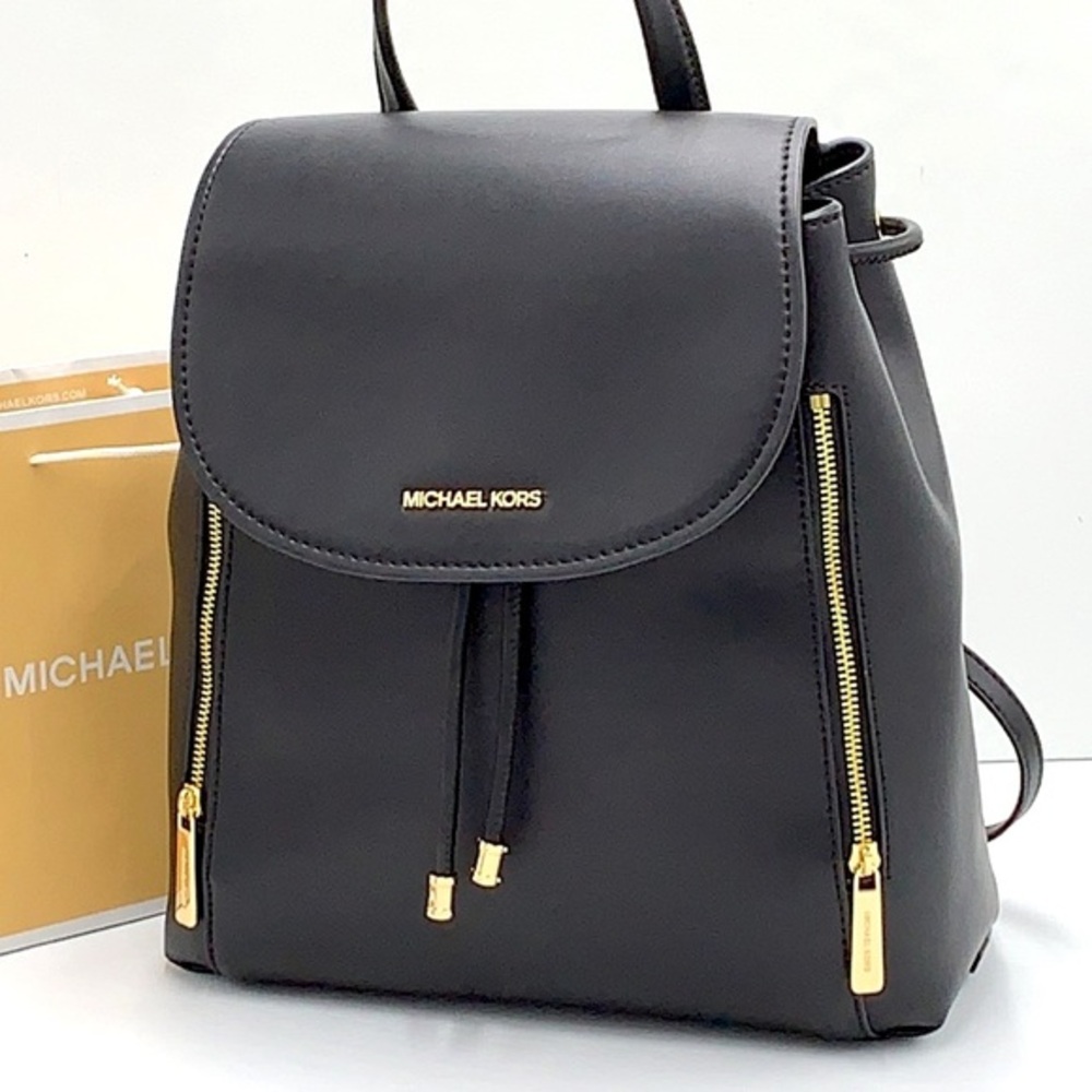 MICHAEL KORS Phoebe MEDIUM Flap Drawstring Backpack BLACK COLOR - Picture 1 of 16